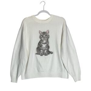 Hollister Womens Cozy Cat Knit Pullover Cream Sweater Soft Comfort Core Medium